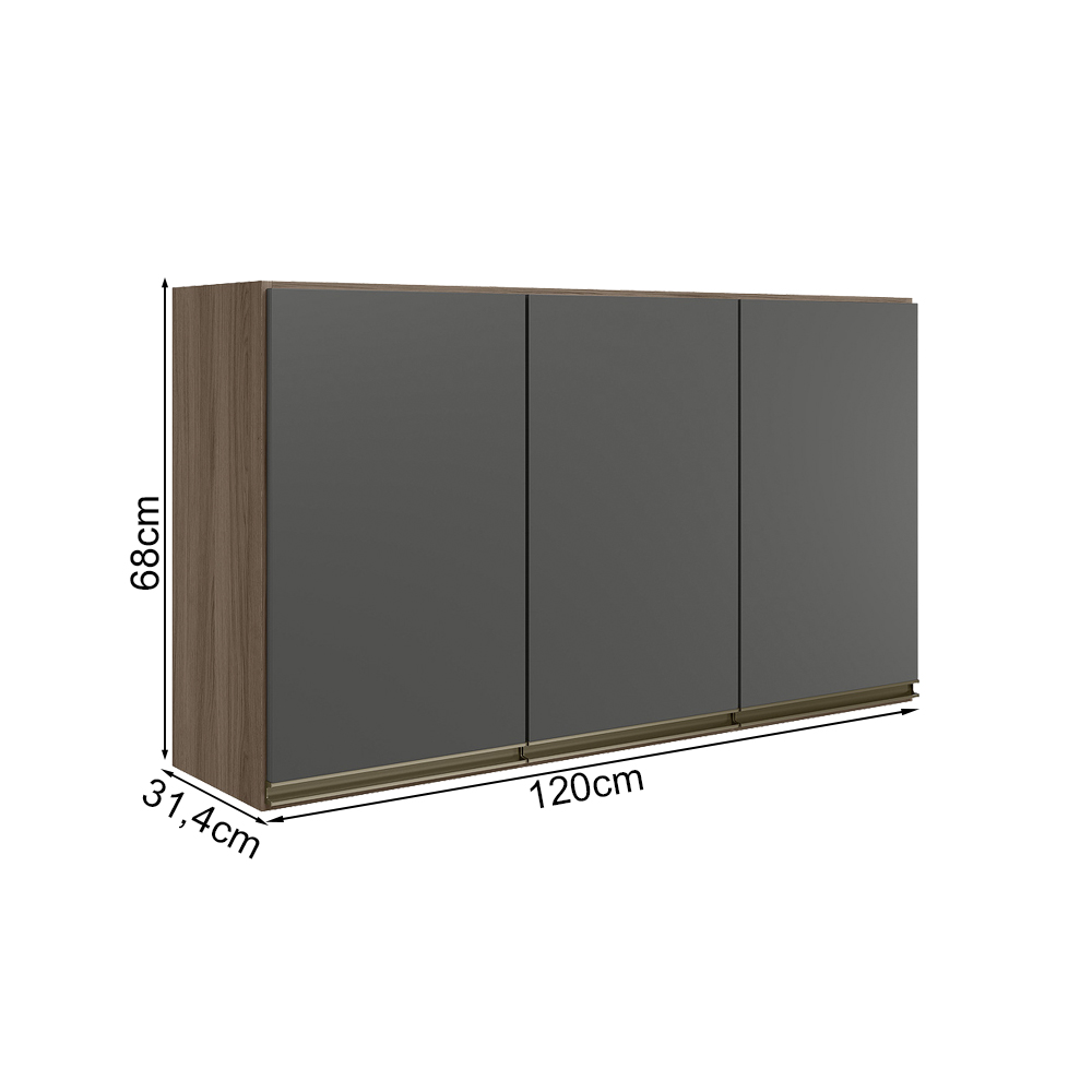 Armario Aereo 3 Portas MDF 120 cm Kali 12197 Carvalho Toq Chumbo Nicioli