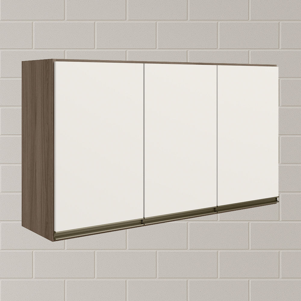Armario Aereo 3 Portas MDF 120 cm Kali 12197 Carvalho Toq Off White Cetim Nicioli