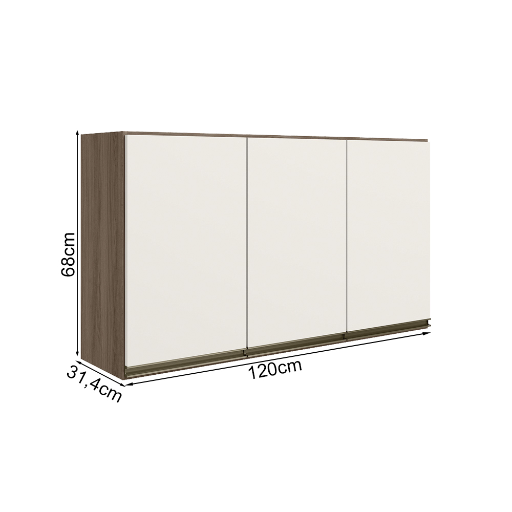 Armario Aereo 3 Portas MDF 120 cm Kali 12197 Carvalho Toq Off White Cetim Nicioli