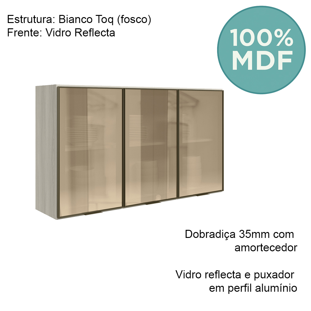 Armario Aereo 3 Portas Vidro MDF 120 cm Kali 1219763 Bianco Toq Nicioli