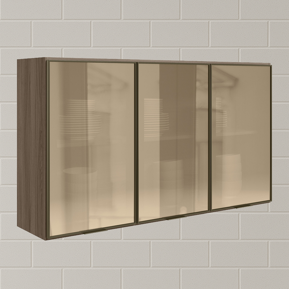 Armario Aereo 3 Portas Vidro MDF 120 cm Kali 1219763 Carvalho Toq Nicioli
