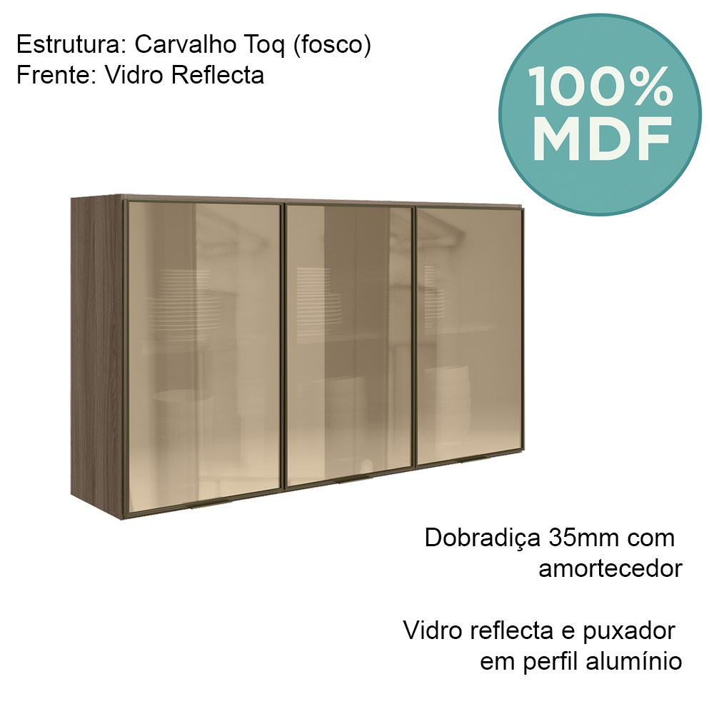 Armario Aereo 3 Portas Vidro MDF 120 cm Kali 1219763 Carvalho Toq Nicioli