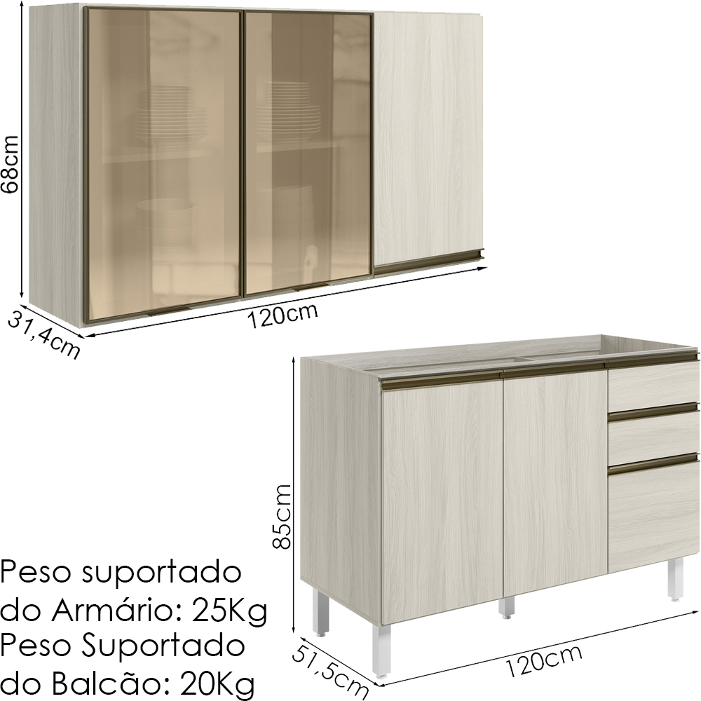 Armario Aereo 3P E Balcao Pia MDF Kali Bianco Toq Bianco Toq Nicioli