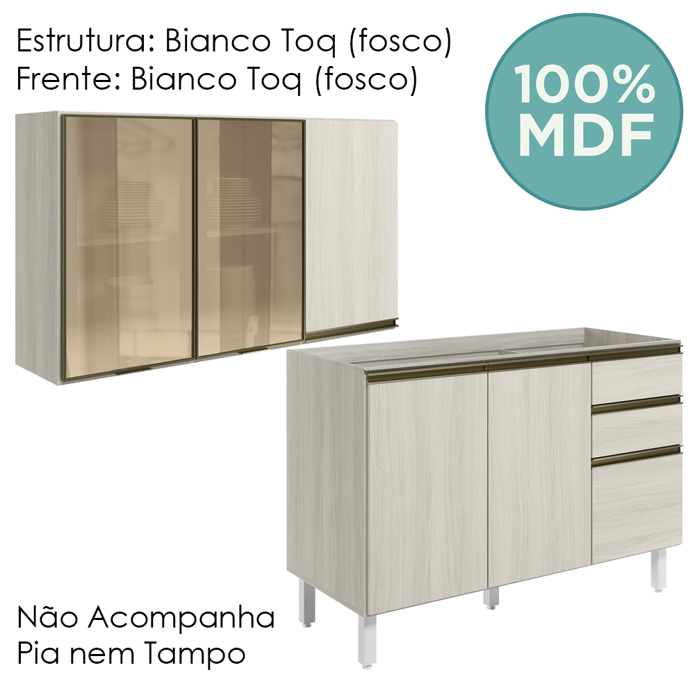 Armario Aereo 3P E Balcao Pia MDF Kali Bianco Toq Bianco Toq Nicioli