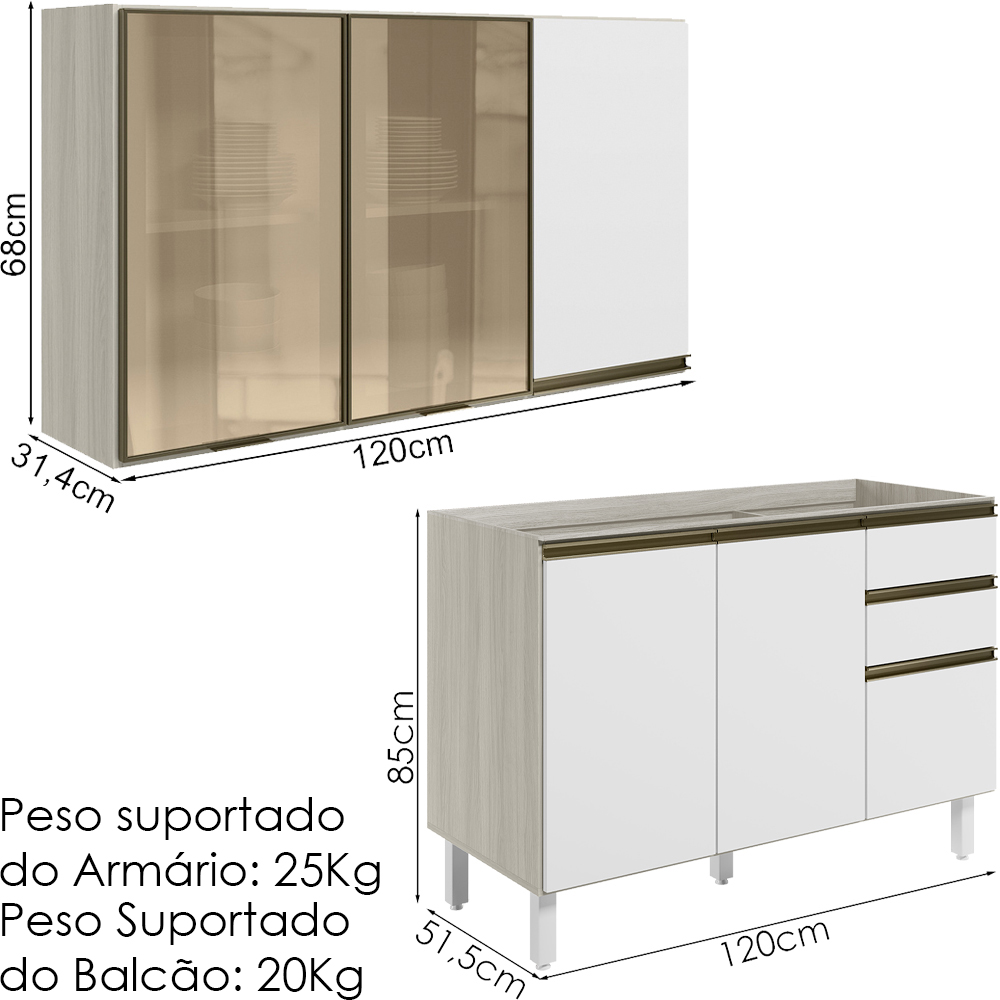 Armario Aereo 3P E Balcao Pia MDF Kali Bianco Toq Branco Uv Nicioli