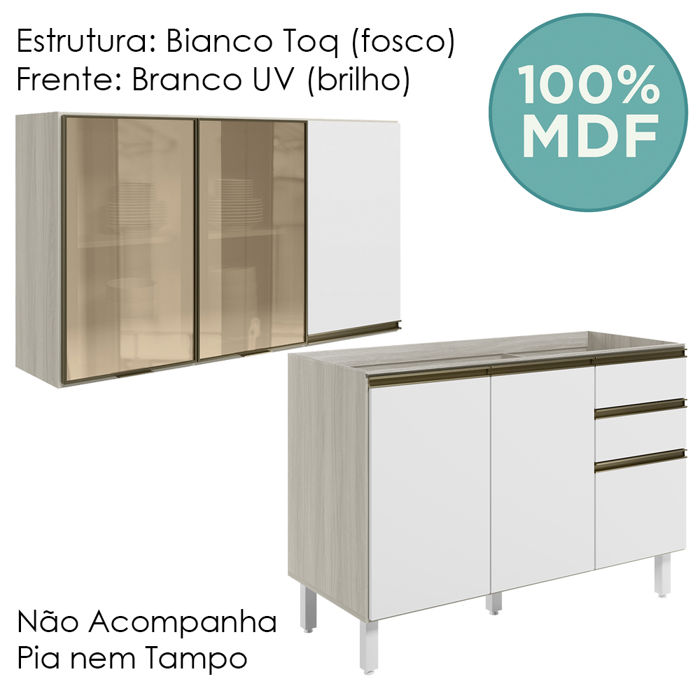 Armario Aereo 3P E Balcao Pia MDF Kali Bianco Toq Branco Uv Nicioli