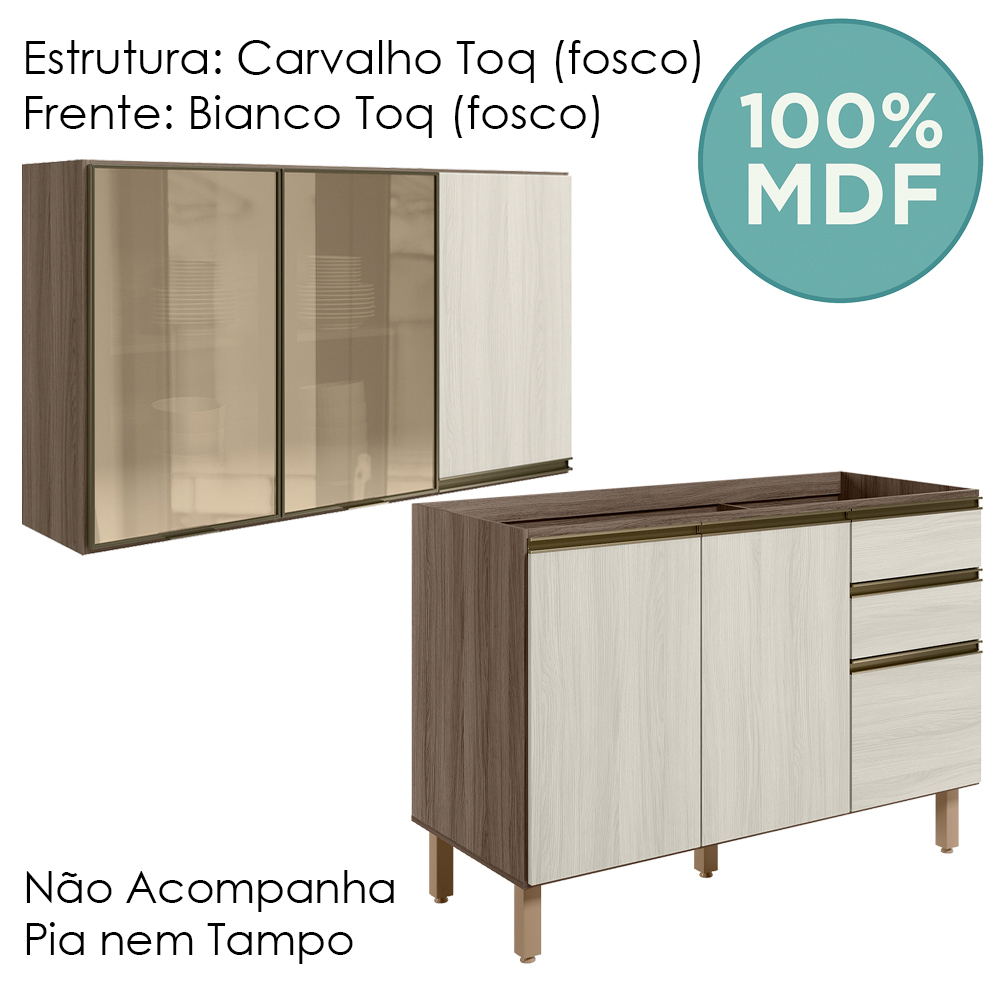 Armario Aereo 3P E Balcao Pia MDF Kali Carvalho Toq Bianco Toq Nicioli