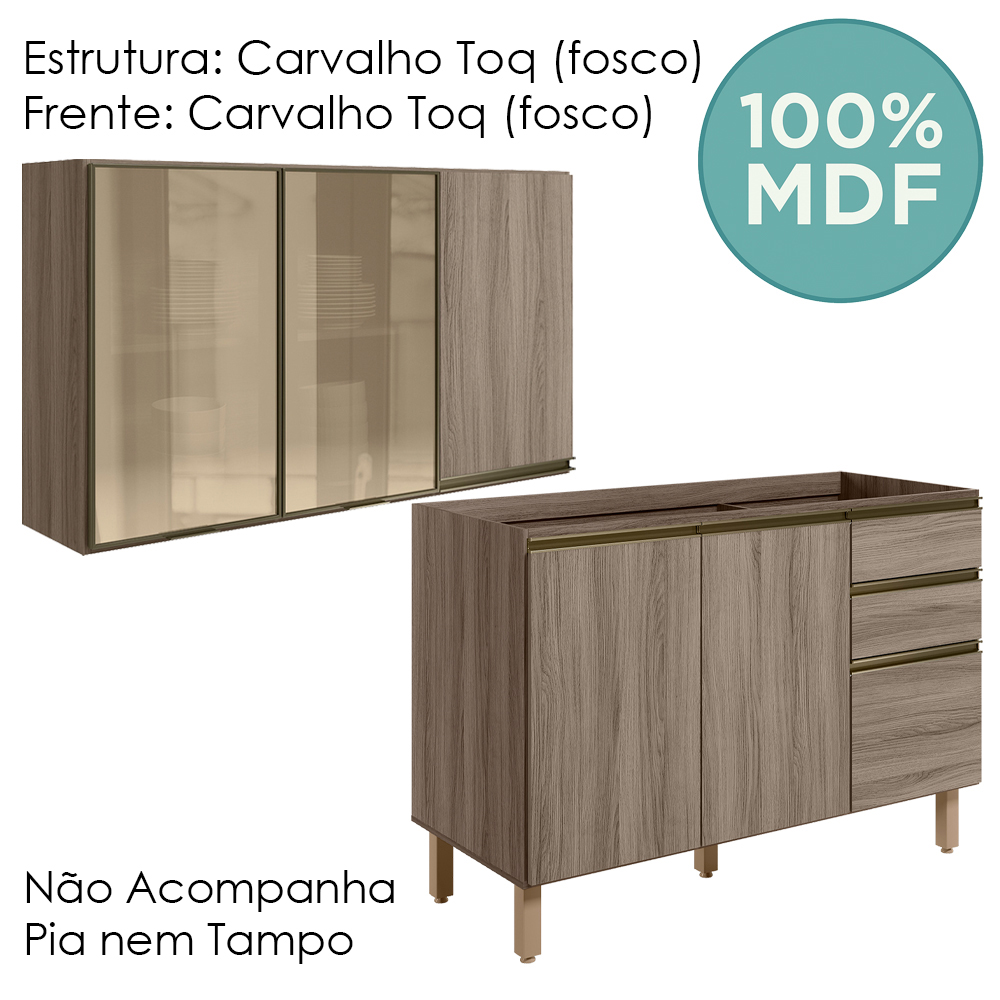 Armario Aereo 3P E Balcao Pia MDF Kali Carvalho Toq Carvalho Toq Nicioli