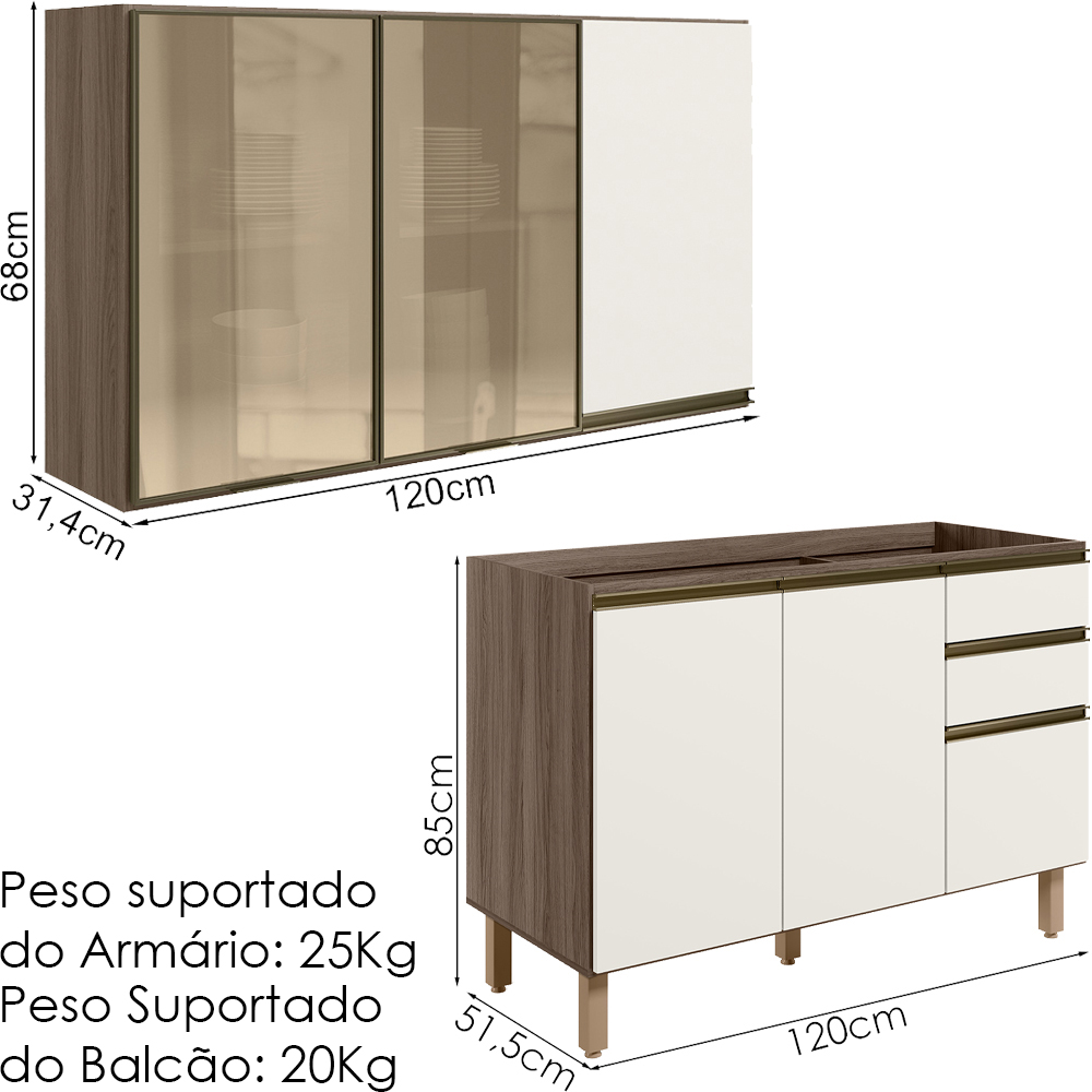 Armario Aereo 3P E Balcao Pia MDF Kali Carvalho Toq Off White Cetim Nicioli