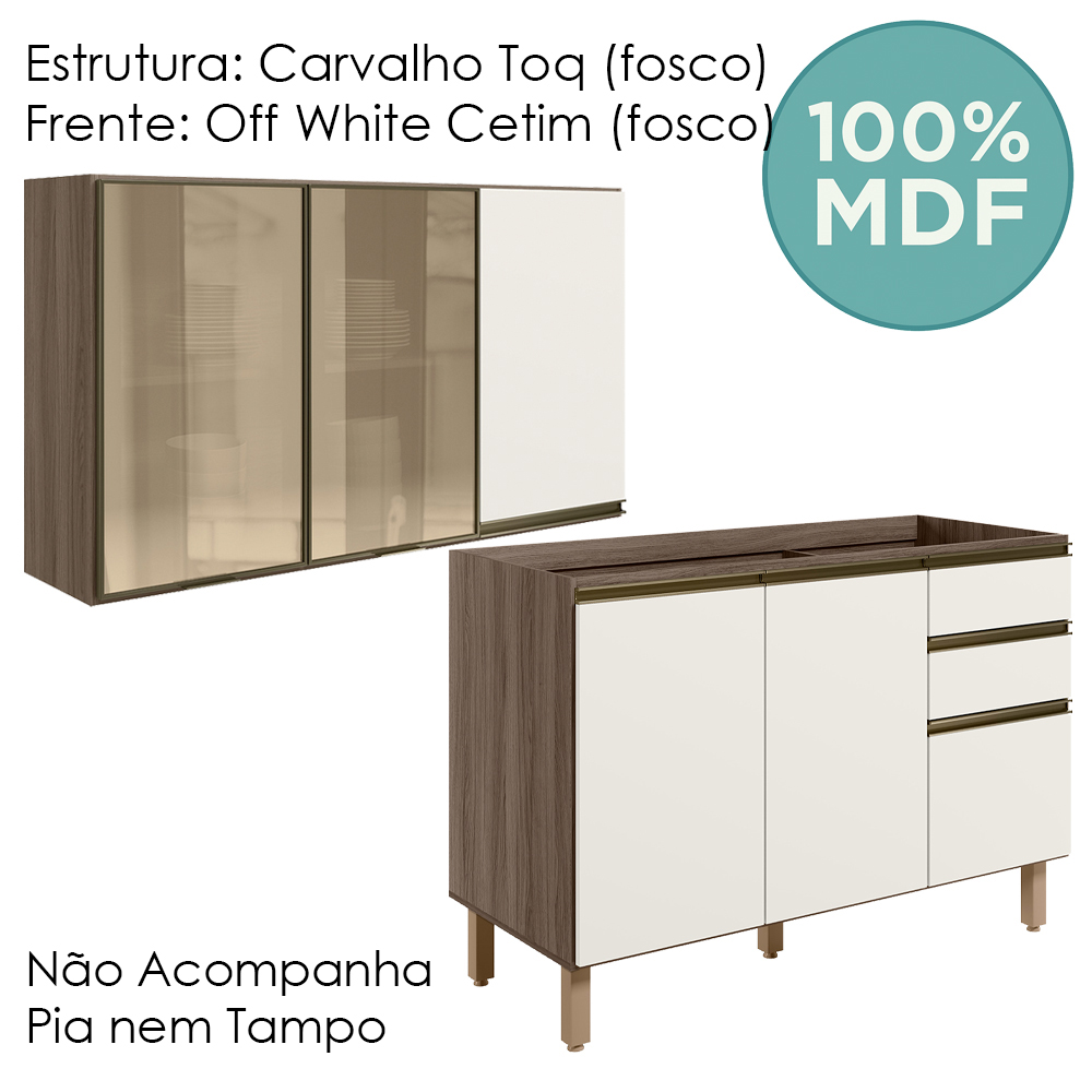 Armario Aereo 3P E Balcao Pia MDF Kali Carvalho Toq Off White Cetim Nicioli