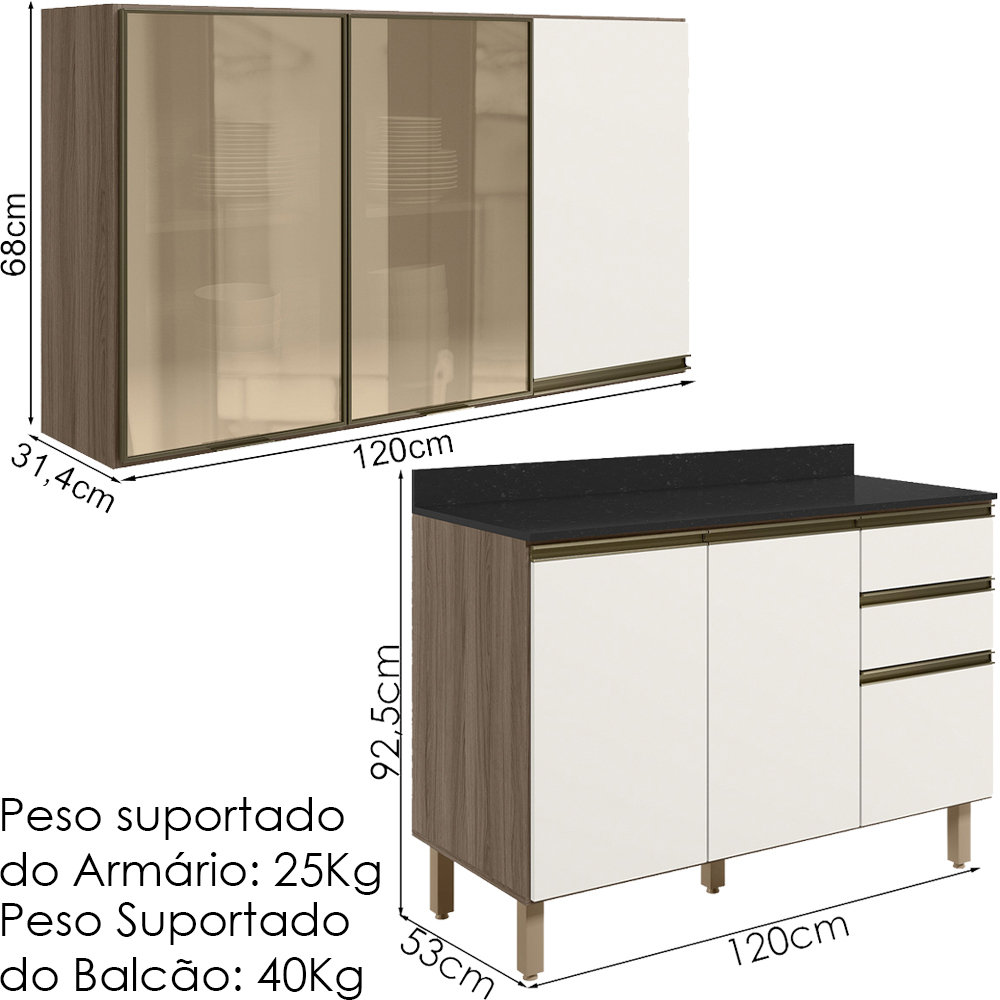 Armario Aereo 3P E Balcao Tampo MDF Kali Carvalho Toq Off White Cetim Nicioli