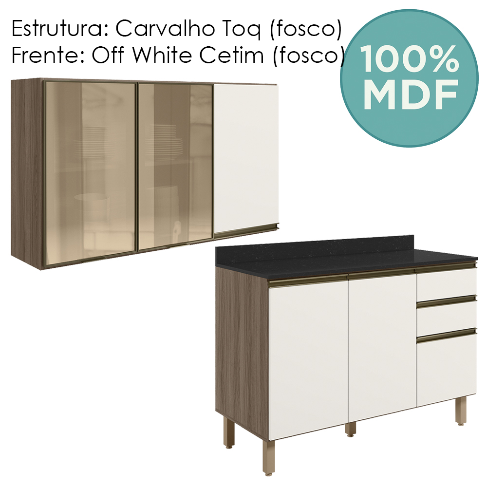 Armario Aereo 3P E Balcao Tampo MDF Kali Carvalho Toq Off White Cetim Nicioli