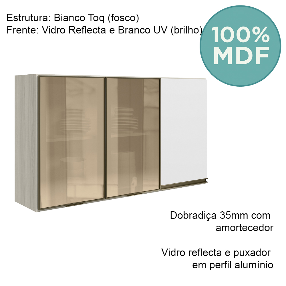 Armario Aereo 3P Vid MDF 120cm Kali 1219764 Bianco Toq Branco Uv Nicioli