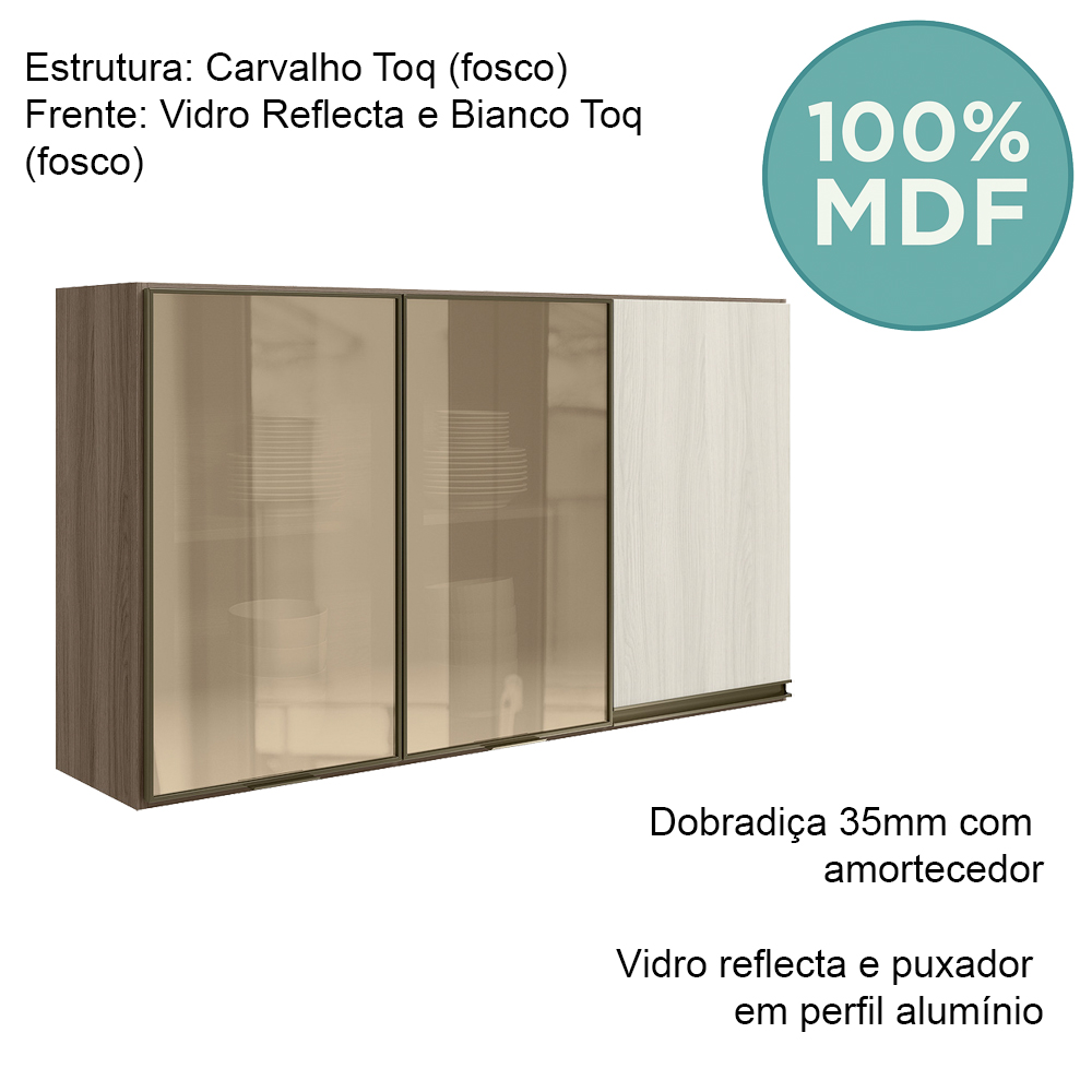 Armario Aereo 3P Vid MDF 120cm Kali 1219764 Carvalho Toq Bianco Toq Nicioli