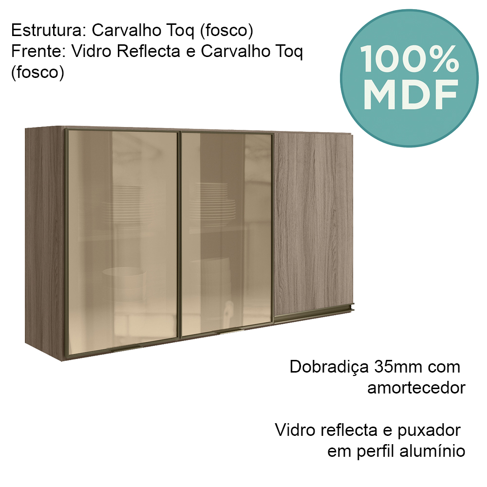 Armario Aereo 3P Vid MDF 120cm Kali 1219764 Carvalho Toq Carvalho Toq Nicioli