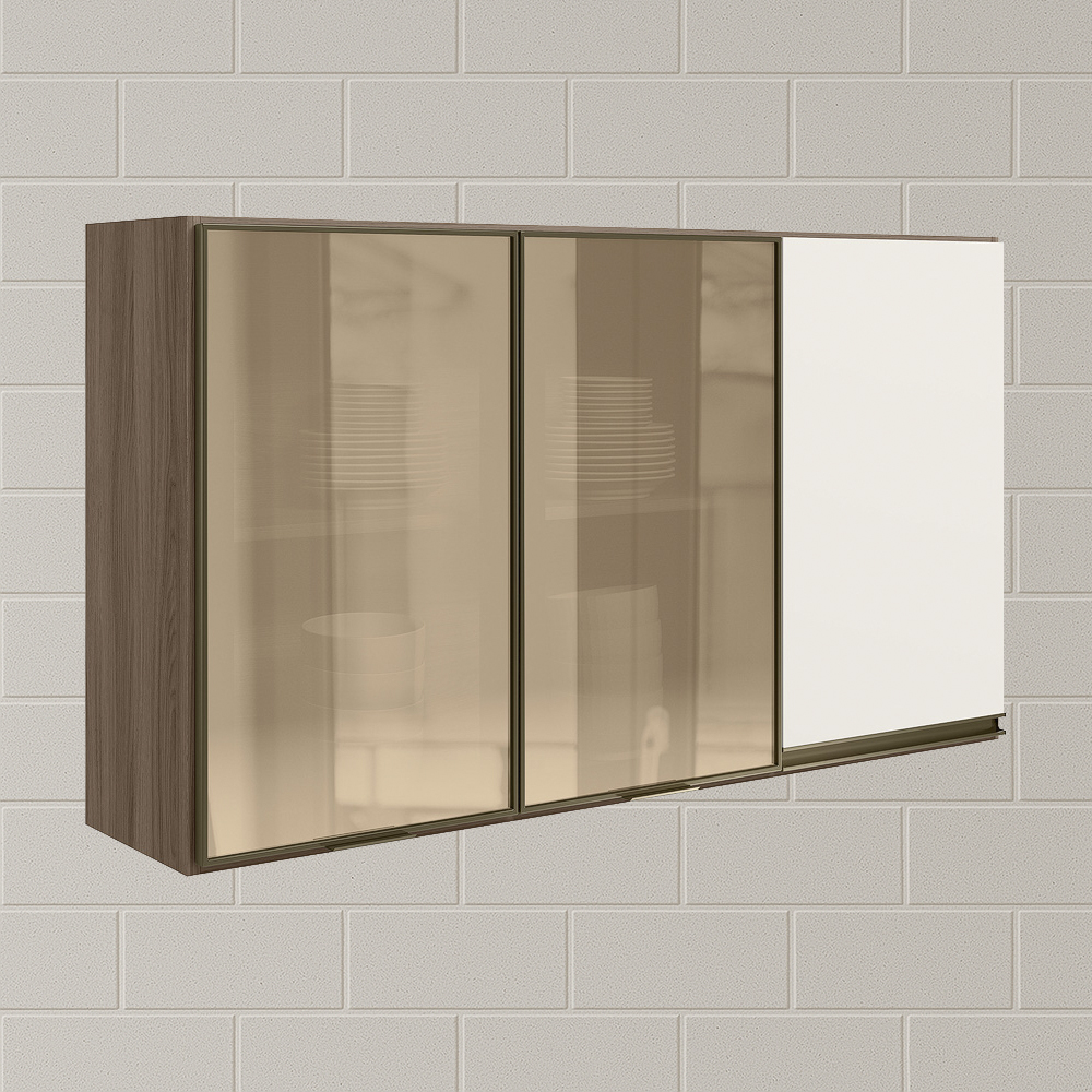 Armario Aereo 3P Vid MDF 120cm Kali 1219764 Carvalho Toq Off White Cetim Nicioli