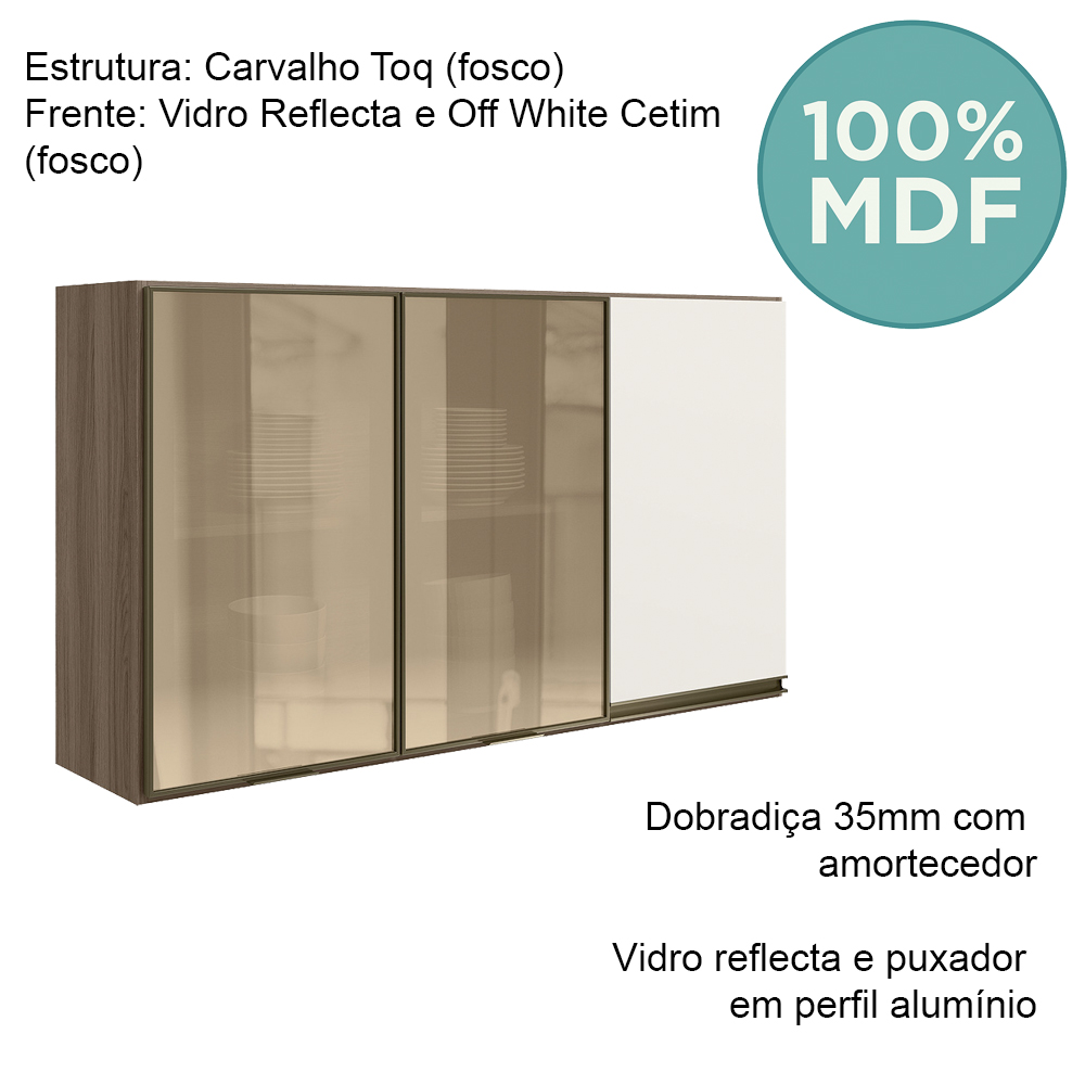 Armario Aereo 3P Vid MDF 120cm Kali 1219764 Carvalho Toq Off White Cetim Nicioli