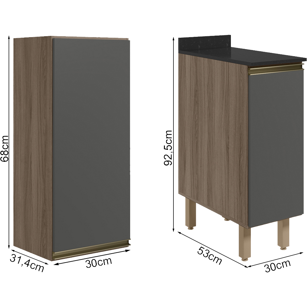 Armario Aereo Balcao 1 Porta 30cm MDF Kali Carvalho Toq Chumbo Nicioli