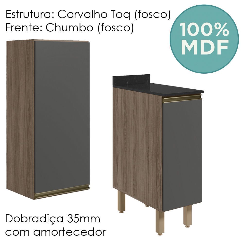 Armario Aereo Balcao 1 Porta 30cm MDF Kali Carvalho Toq Chumbo Nicioli