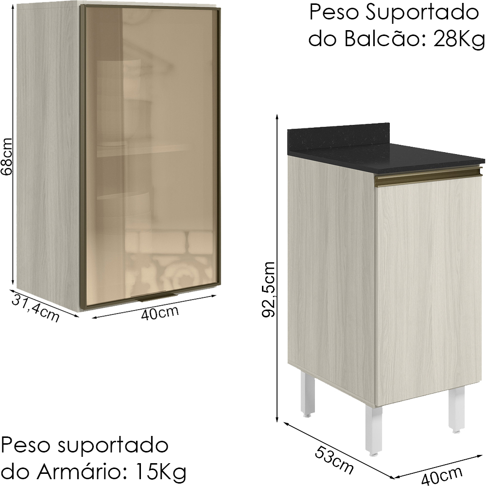 Armario Aereo Balcao 1P Vidro 40cm MDF Kali Bianco Toq Bianco Toq Nicioli