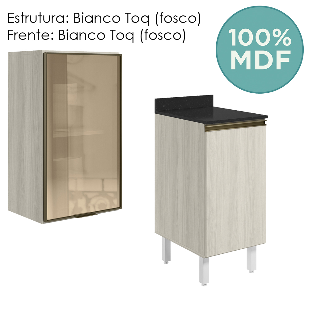 Armario Aereo Balcao 1P Vidro 40cm MDF Kali Bianco Toq Bianco Toq Nicioli