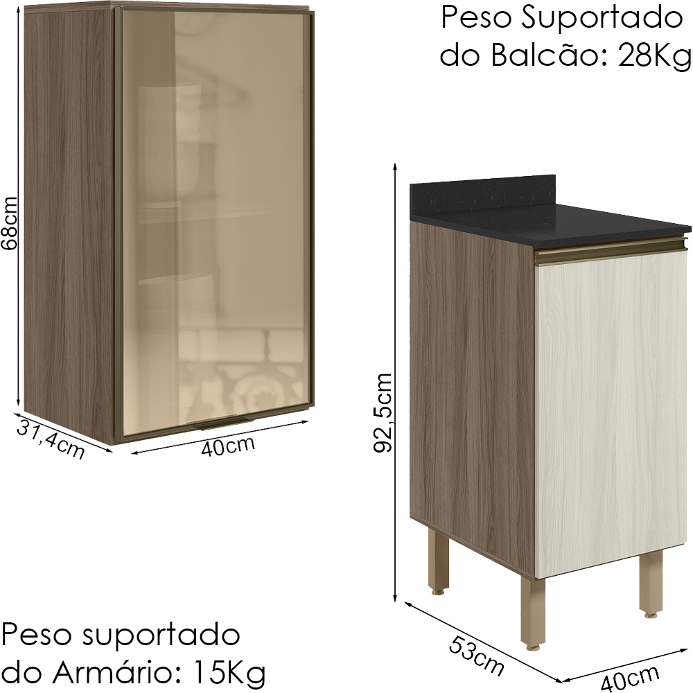 Armario Aereo Balcao 1P Vidro 40cm MDF Kali Carvalho Toq Bianco Toq Nicioli