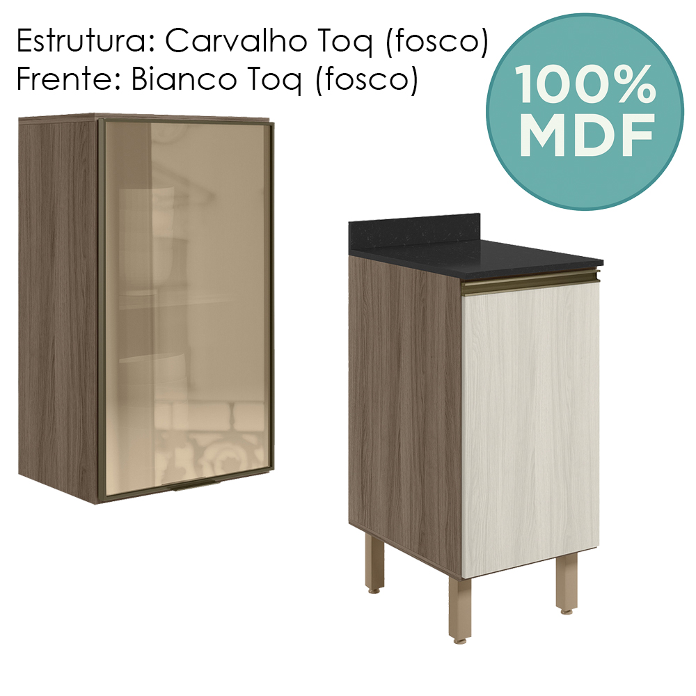 Armario Aereo Balcao 1P Vidro 40cm MDF Kali Carvalho Toq Bianco Toq Nicioli