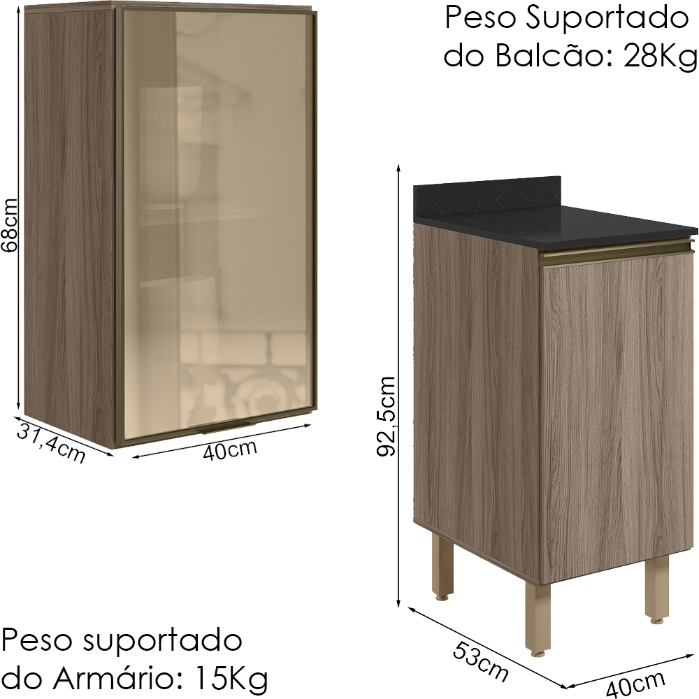 Armario Aereo Balcao 1P Vidro 40cm MDF Kali Carvalho Toq Carvalho Toq Nicioli