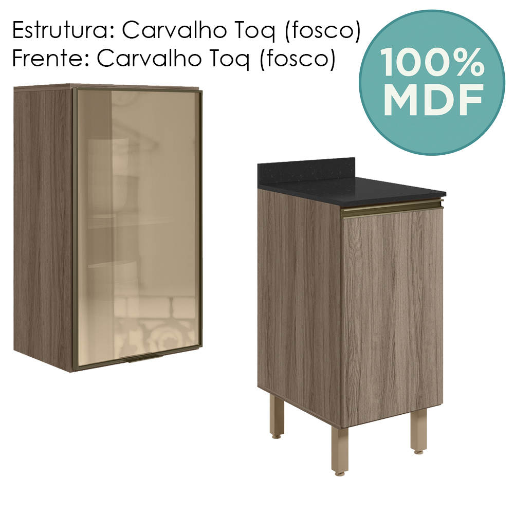 Armario Aereo Balcao 1P Vidro 40cm MDF Kali Carvalho Toq Carvalho Toq Nicioli