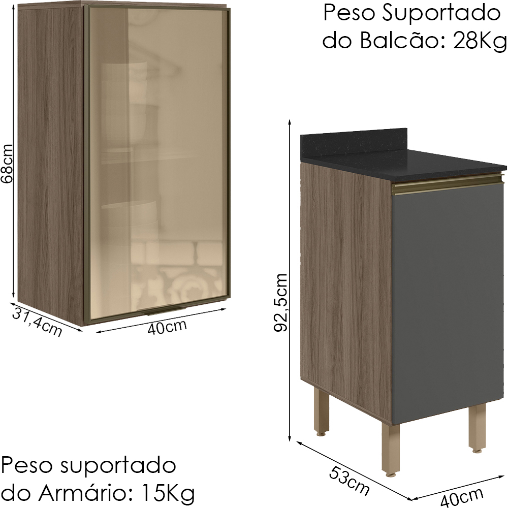 Armario Aereo Balcao 1P Vidro 40cm MDF Kali Carvalho Toq Chumbo Nicioli