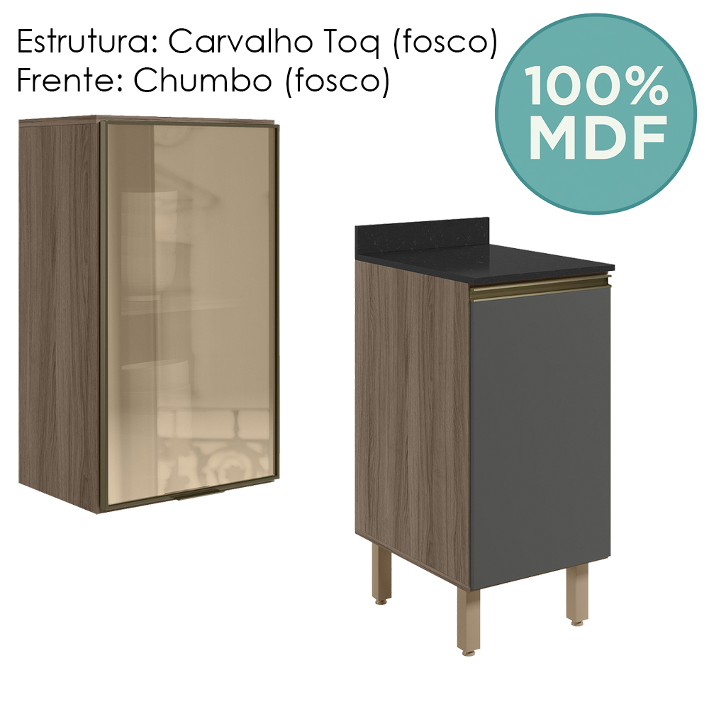 Armario Aereo Balcao 1P Vidro 40cm MDF Kali Carvalho Toq Chumbo Nicioli
