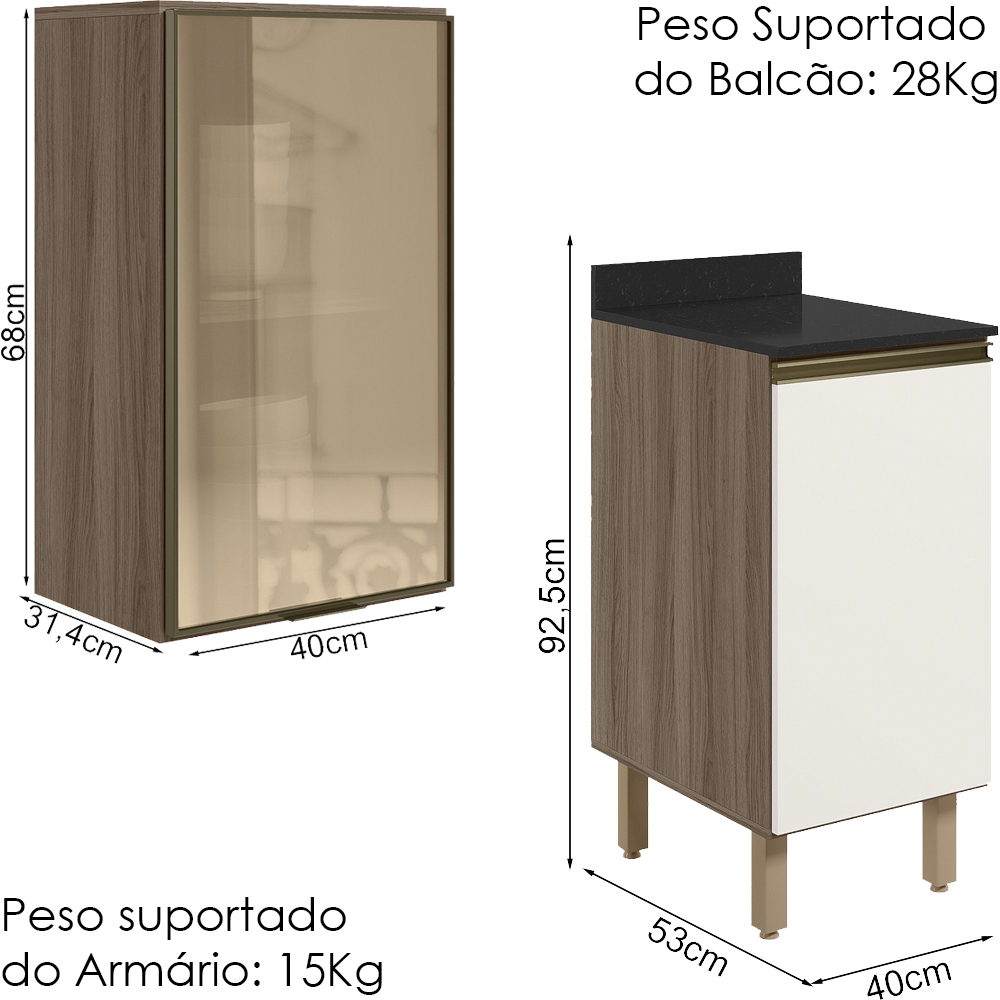 Armario Aereo Balcao 1P Vidro 40cm MDF Kali Carvalho Toq Off White Cetim Nicioli