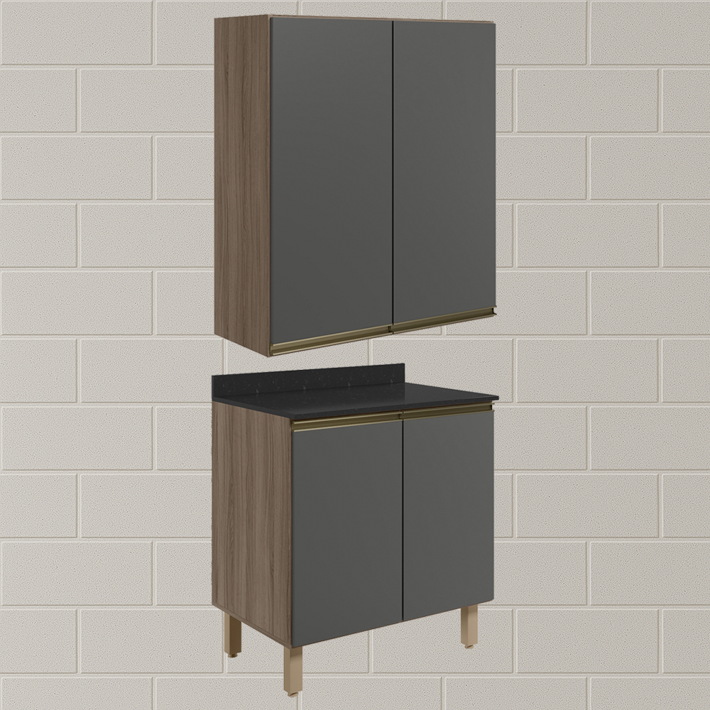Armario Aereo Balcao 2 Portas 60cm MDF Kali Carvalho Toq Chumbo Nicioli