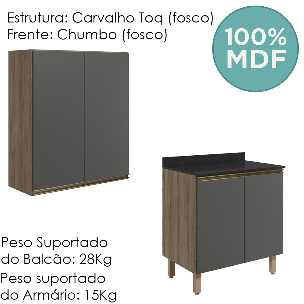 Armario Aereo Balcao 2 Portas 60cm MDF Kali Carvalho Toq Chumbo Nicioli