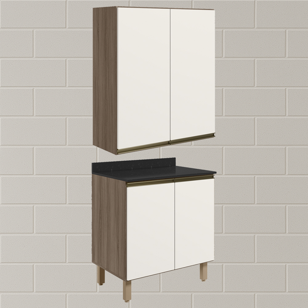Armario Aereo Balcao 2 Portas 60cm MDF Kali Carvalho Toq Off White Cetim Nicioli