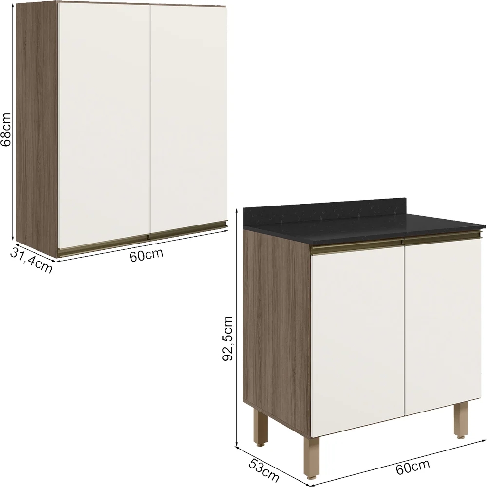 Armario Aereo Balcao 2 Portas 60cm MDF Kali Carvalho Toq Off White Cetim Nicioli