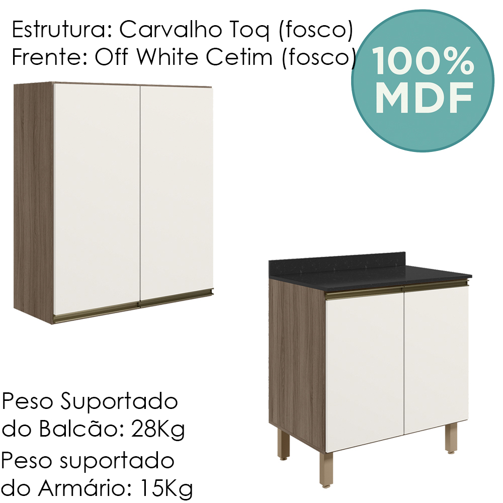 Armario Aereo Balcao 2 Portas 60cm MDF Kali Carvalho Toq Off White Cetim Nicioli