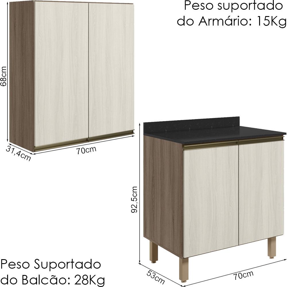 Armario Aereo Balcao 2 Portas 70cm MDF Kali Carvalho Toq Bianco Toq Nicioli