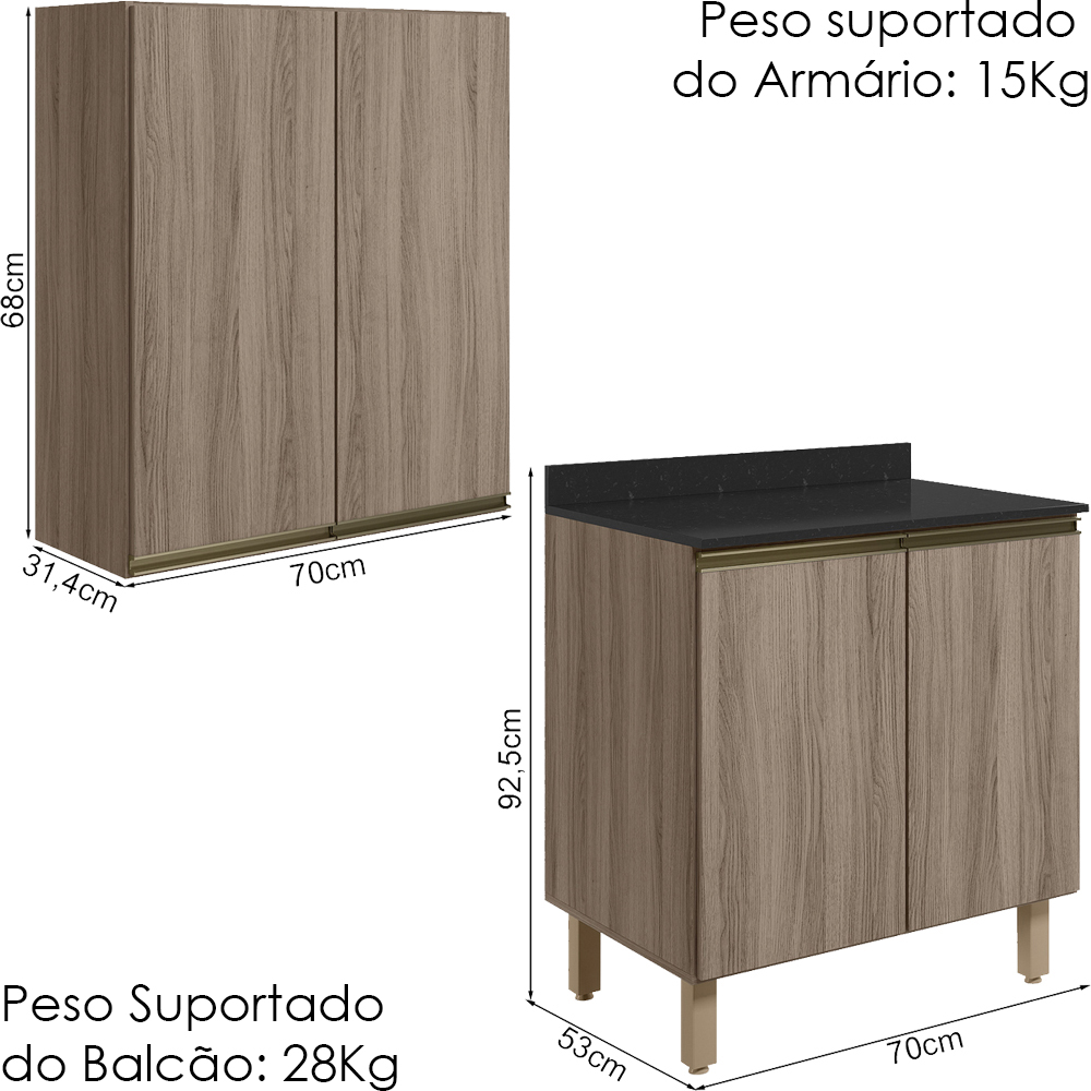 Armario Aereo Balcao 2 Portas 70cm MDF Kali Carvalho Toq Carvalho Toq Nicioli