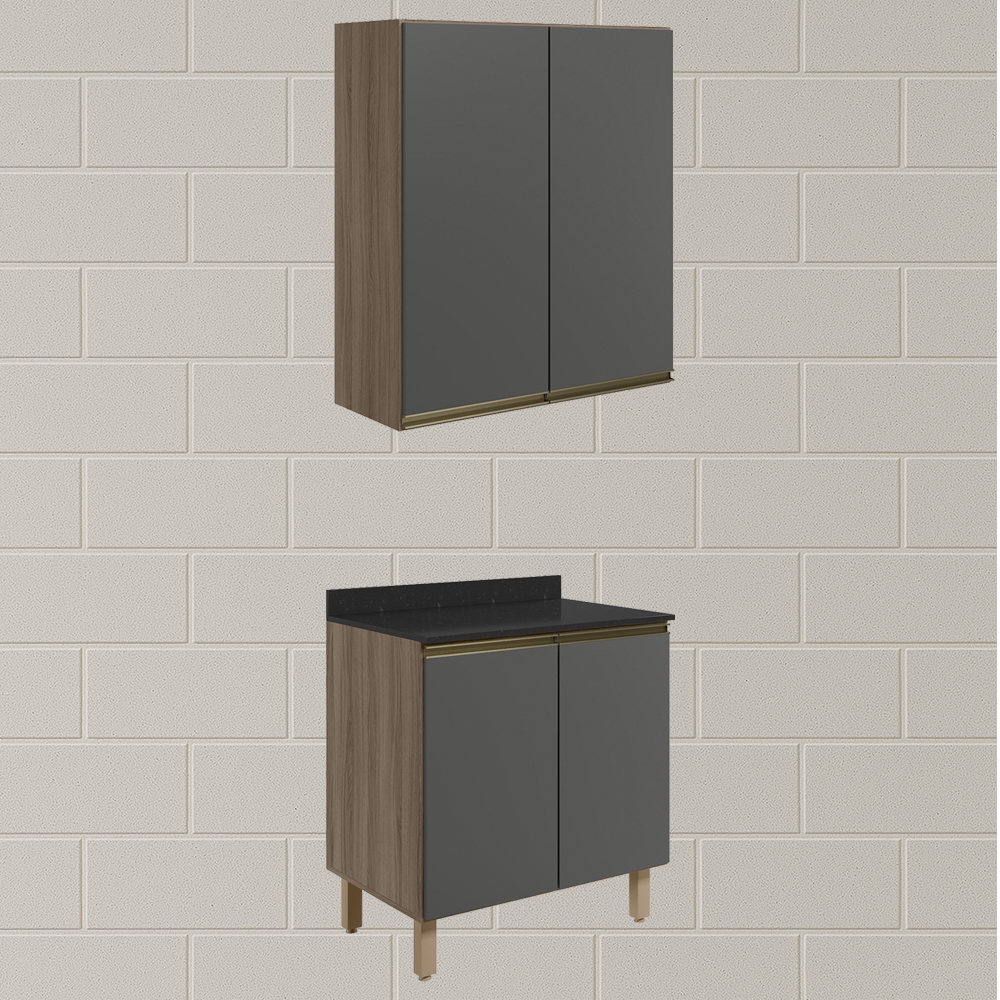 Armario Aereo Balcao 2 Portas 70cm MDF Kali Carvalho Toq Chumbo Nicioli