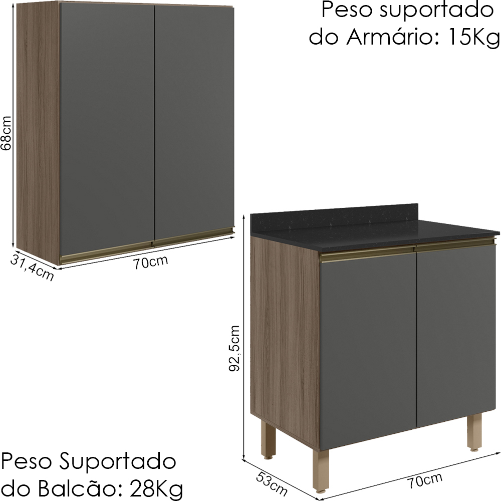 Armario Aereo Balcao 2 Portas 70cm MDF Kali Carvalho Toq Chumbo Nicioli
