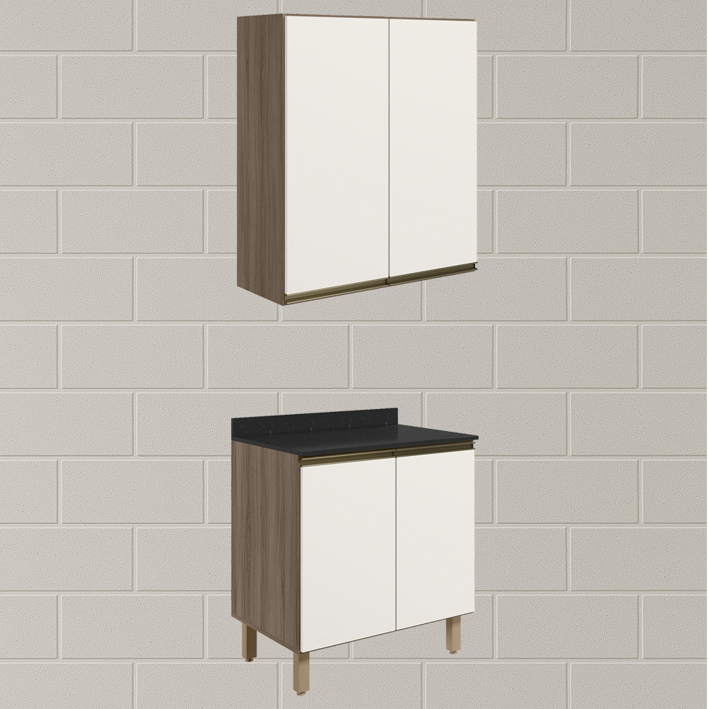Armario Aereo Balcao 2 Portas 70cm MDF Kali Carvalho Toq Off White Cetim Nicioli