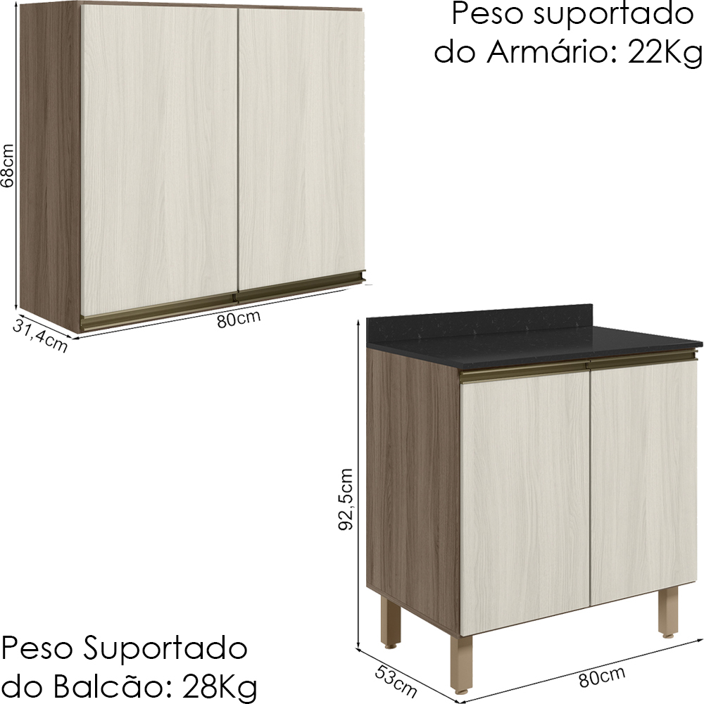 Armario Aereo Balcao 2 Portas 80cm MDF Kali Carvalho Toq Bianco Toq Nicioli