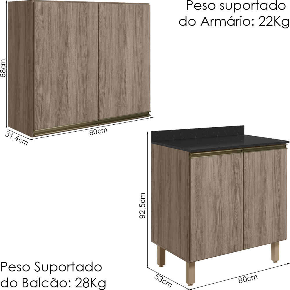 Armario Aereo Balcao 2 Portas 80cm MDF Kali Carvalho Toq Carvalho Toq Nicioli