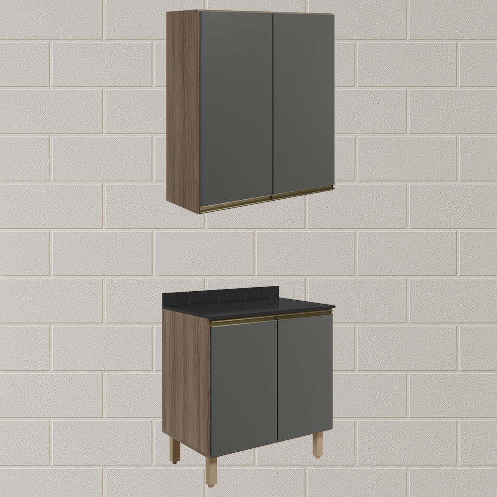 Armario Aereo Balcao 2 Portas 80cm MDF Kali Carvalho Toq Chumbo Nicioli