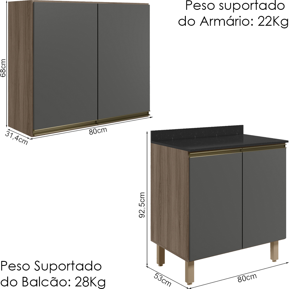Armario Aereo Balcao 2 Portas 80cm MDF Kali Carvalho Toq Chumbo Nicioli