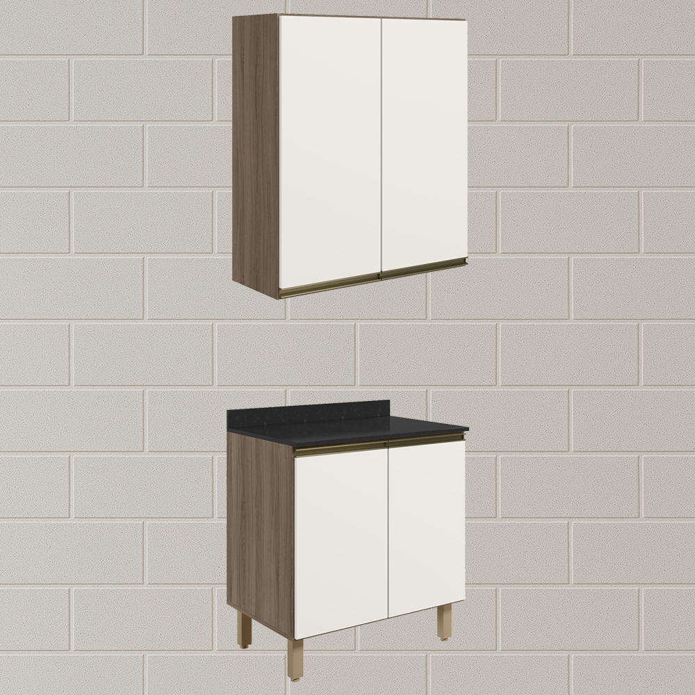 Armario Aereo Balcao 2 Portas 80cm MDF Kali Carvalho Toq Off White Cetim Nicioli