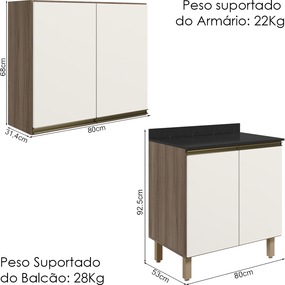 Armario Aereo Balcao 2 Portas 80cm MDF Kali Carvalho Toq Off White Cetim Nicioli