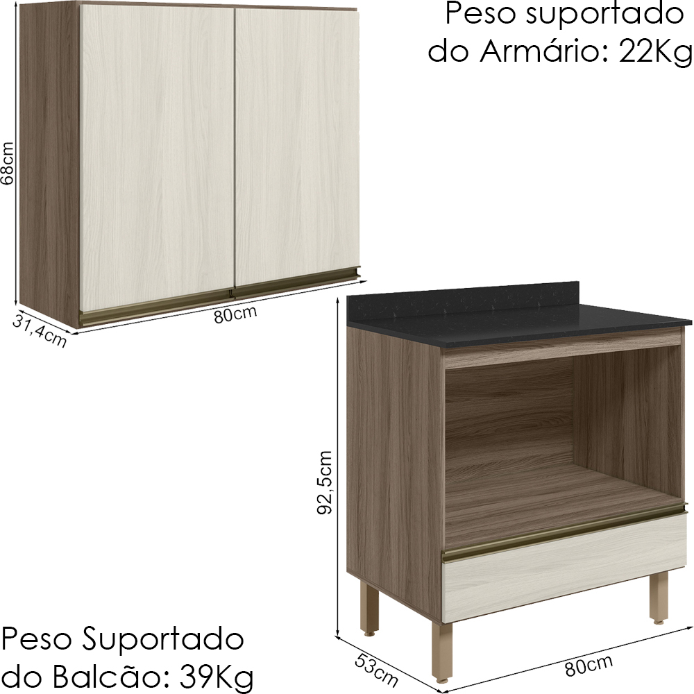 Armario Aereo Balcao Forno 80cm MDF Kali Carvalho Toq Bianco Toq Nicioli
