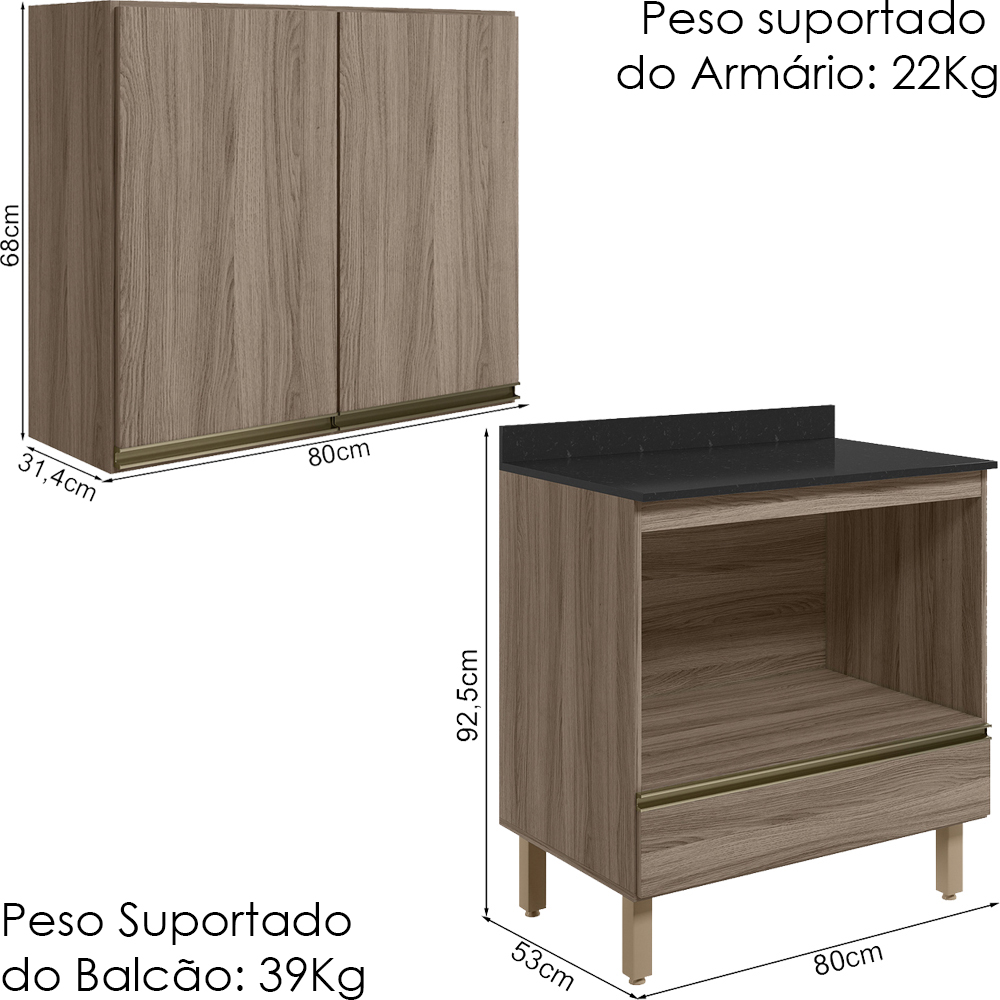 Armario Aereo Balcao Forno 80cm MDF Kali Carvalho Toq Carvalho Toq Nicioli